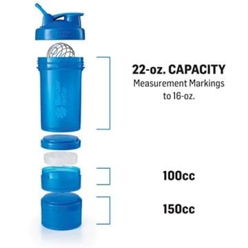 BlenderBottle Prostak Protein Shaker/Diät Shaker (650ml, skaliert bis 450ml, mit 2 Container 150ml & 100ml, 1 Pillenfach) S